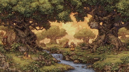 A serene forest scene with a gentle stream flowing through lush greenery, bathed in warm, ethereal sunlight.の素材