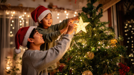A father and daughter wearing Santa hats place a star on top of a Christmas tree adorned with lights.の素材