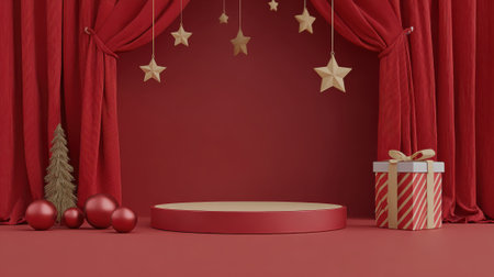 A minimalist red stage with a podium, Christmas tree, ornaments, and a gift box, set against a backdrop of red curtains and hanging stars.の素材