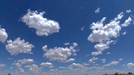 A panoramic view of scattered cumulus clouds against a clear, bright blue sky, showcasing the beauty of a sunny day.の素材
