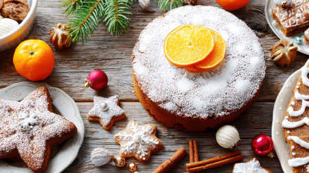 A delightful spread of Christmas treats including a decorated cake, gingerbread cookies, and oranges on a wooden surface, perfect for holiday celebrations.の素材