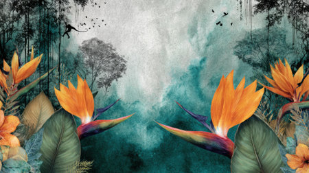 Vibrant Bird of Paradise flowers bloom amidst a lush, moody tropical rainforest with a misty, ethereal atmosphere.の素材