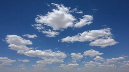 A beautiful expanse of clear blue sky dotted with numerous fluffy white cumulus clouds, suggesting a pleasant day.の素材