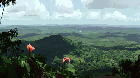 A breathtaking panoramic view of a lush green valley with undulating hills and a river, leading to distant mountains under a dramatic sky with scattered clouds.の素材