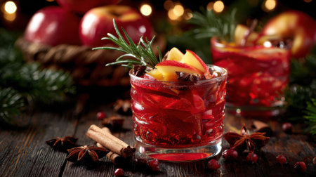 A close-up of a vibrant red holiday cocktail, garnished with orange slices and fresh rosemary, set against a dark, rustic background with festive lights.の素材