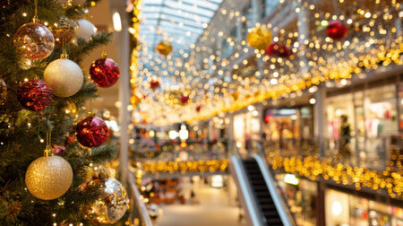 A vibrant shopping mall decorated with sparkling Christmas lights and ornaments, creating a festive atmosphere for holiday shoppers.の素材