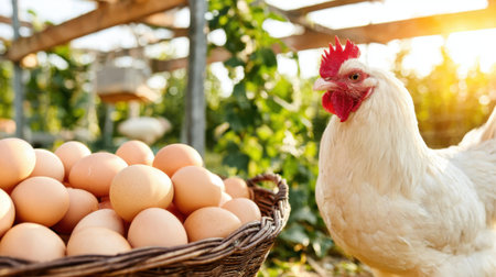 A close-up shot of a basket overflowing with fresh, brown eggs, with a white rooster standing nearby in a sunlit farm setting.の素材