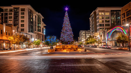 A towering Christmas tree sparkles in the center of a city square, surrounded by illuminated buildings and light trails from passing cars.の素材