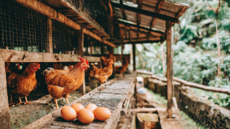 A rustic farm coop filled with free-range chickens, with a clutch of fresh eggs in the foreground.の素材