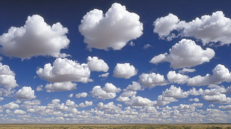 A wide-angle view of a bright blue sky filled with numerous white, fluffy cumulus clouds. Below, a flat, arid landscape stretches to the horizon.の素材