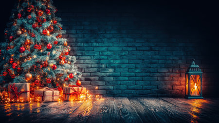 A beautifully decorated Christmas tree with gifts underneath and a glowing lantern on a rustic wooden floor, set against a brick wall.の素材
