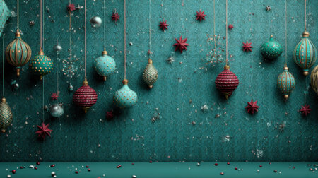 A collection of vintage-style Christmas ornaments in various shapes and muted colors hang against a textured teal background, creating a festive and elegant holiday display.の素材