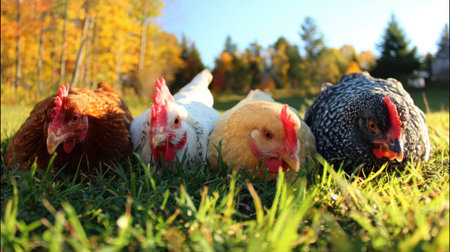 Four chickens of different breeds and colors are resting in lush green grass. Autumn trees with yellow and orange leaves are visible in the background under a clear blue sky.の素材