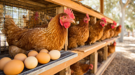 A line of brown chickens in a rustic wooden coop with fresh eggs in the foreground, showcasing sustainable farming practices.の素材