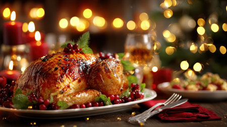 A beautifully roasted turkey, garnished with cranberries and herbs, sits on a platter, ready for a holiday feast. The background is softly blurred with warm Christmas lights and glowing candles, creating a cozy and festive atmosphere.の素材