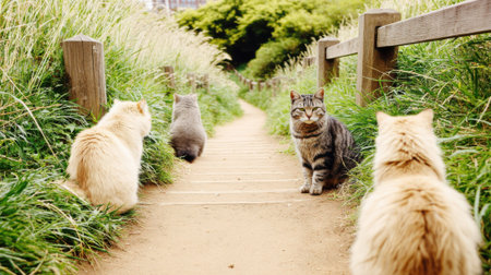 A scenic outdoor path with four cats of various breeds and colors sitting and looking in different directions.の素材