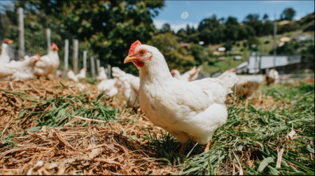 A close-up of a white chicken in the foreground, with other chickens visible in the background on a grassy farm field.の素材