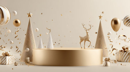 A luxurious golden podium surrounded by festive Christmas elements like trees, reindeer, gifts, and confetti, perfect for holiday promotions.の素材