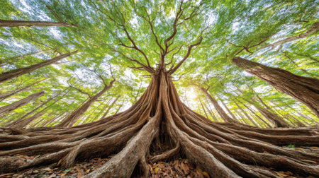 A breathtaking low-angle view of a colossal tree, its enormous roots anchoring it firmly to the earth, surrounded by a vibrant, sun-dappled forest.の素材
