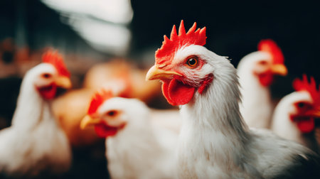 A close-up shot of several white chickens with vibrant red combs, focused on the foreground chicken.の素材