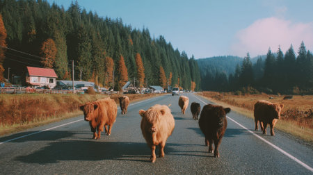 A group of shaggy Highland cows are walking down the middle of a paved road, with a forest and mountains in the background.の素材