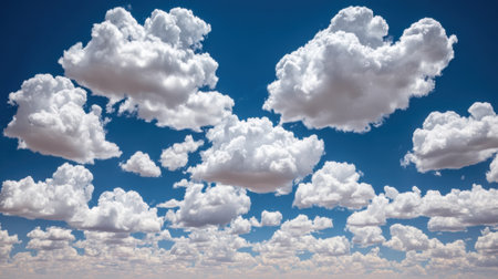 A wide-angle view of numerous white cumulus clouds scattered across a clear, bright blue sky, suggesting a beautiful day.の素材