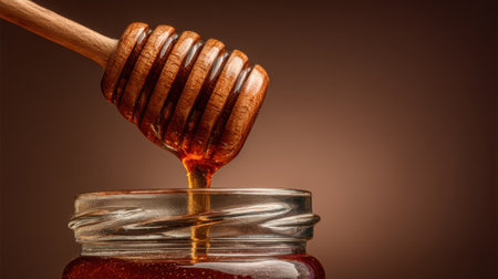 Close-up of thick, amber honey cascading from a wooden honey dipper into a clear glass jar, highlighting its rich texture and natural sweetness.の素材