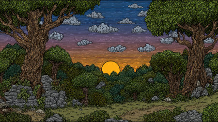 A captivating pixel art landscape depicting a vibrant sunset over a lush forest, framed by two ancient, gnarled trees and scattered rocks.の素材
