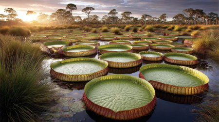 Giant Victoria Amazonica water lilies float on a tranquil lake during a beautiful sunset.の素材