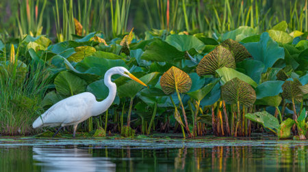 A majestic Great Egret stands gracefully in the shallow water of a vibrant pond, amidst abundant water lilies and tall reeds.の素材