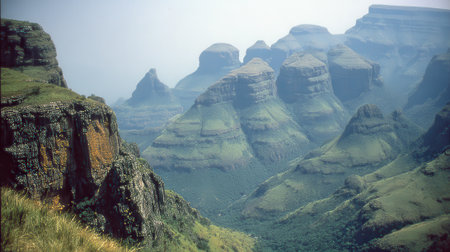 A breathtaking view of the Drakensberg Mountains, showcasing rugged peaks and lush green valleys under a hazy sky.の素材