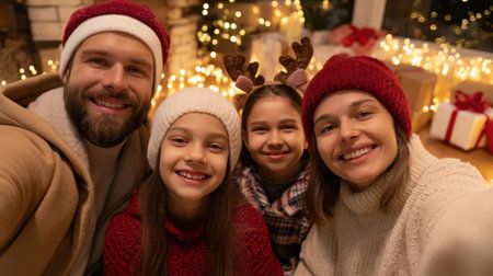 A joyful family of four, including parents and two daughters, smiles for a selfie in a warmly decorated room with a Christmas tree and fairy lights.の素材