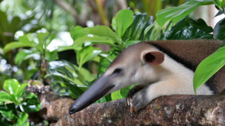 A close-up of a giant anteater peeking through dense green leaves, its long snout prominent.の素材