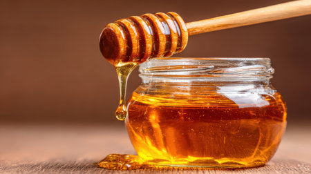 A close-up shot of thick, golden honey being scooped from a jar with a wooden dipper, with a drop of honey falling.の素材