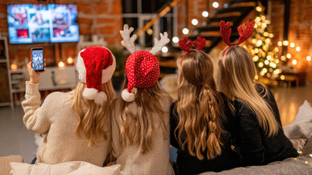 Four young women in Santa hats and reindeer antlers enjoy a cozy Christmas evening, watching TV and taking selfies.の素材