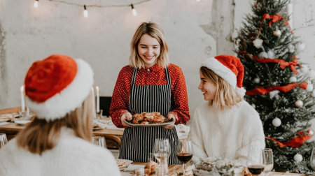 A woman serves food to her friends during a Christmas dinner, all wearing Santa hats. A decorated Christmas tree is visible in the background.の素材