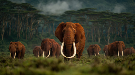 A striking image of a herd of red elephants, their massive tusks gleaming, moving through a vibrant green landscape under a dramatic sky.の素材