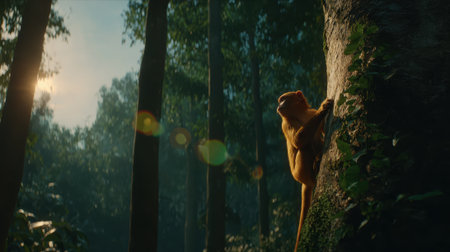 A golden monkey is captured mid-climb on a tree trunk, surrounded by a dense, green forest. Sunbeams pierce through the canopy, creating a magical atmosphere.の素材