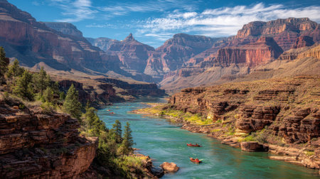 The majestic Grand Canyon carved by the Colorado River under a bright blue sky.の素材