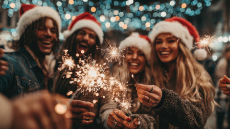 A group of young adults in Santa hats laugh and hold sparklers, celebrating the festive holiday season with joy and excitement.の素材