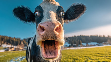 A close-up, wide-angle shot of a black and white cow with a comical expression and mouth open, standing in a sunny green field.の素材