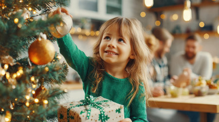 A young girl smiles while decorating a Christmas tree, holding a gift, with family in the background.の素材