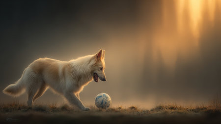 A beautiful German Shepherd dog in a field, bathed in the warm glow of golden hour sunlight, focused on a ball.の素材
