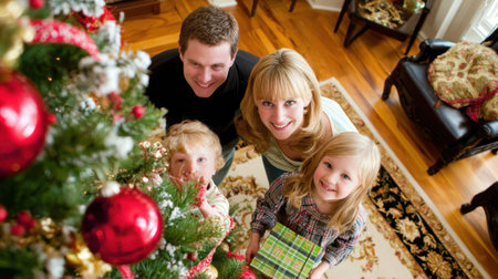 A joyful family of four, parents and two young children, gathered around a beautifully decorated Christmas tree, sharing a moment of holiday cheer.の素材