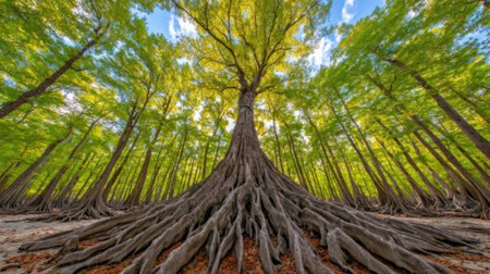 A majestic, ancient tree dominates the frame with its sprawling, exposed root system, set against a backdrop of vibrant green foliage.の素材