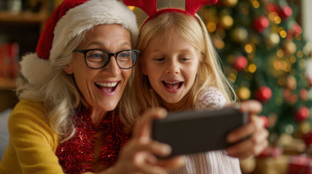 A happy grandmother and granddaughter are taking a selfie together in front of a Christmas treeの素材