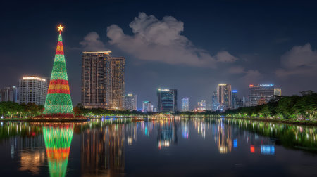 A massive, brightly lit Christmas tree stands tall by a calm lake, its vibrant colors reflecting on the water. The city skyline glows in the background under a cloudy night sky.の素材