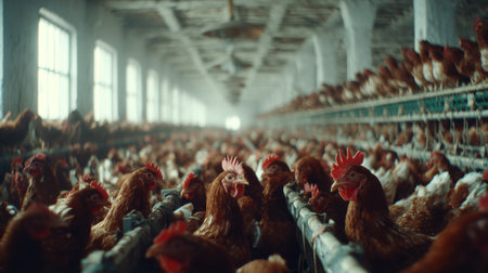A vast industrial chicken farm with numerous chickens housed in multi-tiered cages, stretching into the distance under artificial lighting.の素材