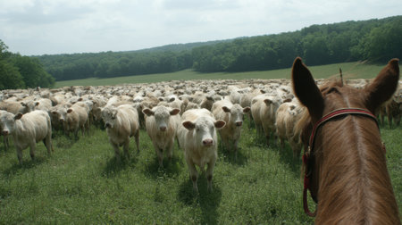 A wide shot of a large herd of cattle grazing peacefully in a vast, sunlit green field, with a horses head visible in the foreground.の素材