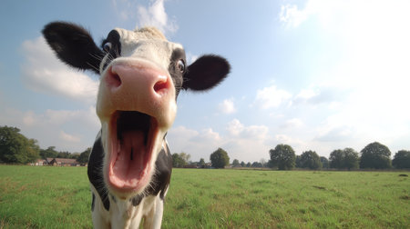A close-up, wide-angle shot of a black and white cow with its mouth open, looking directly at the camera in a grassy field.の素材